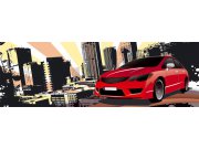 Vliesová fototapeta Dimex Červené auto ve městě M-391 | 330x110 cm Fototapety vliesové