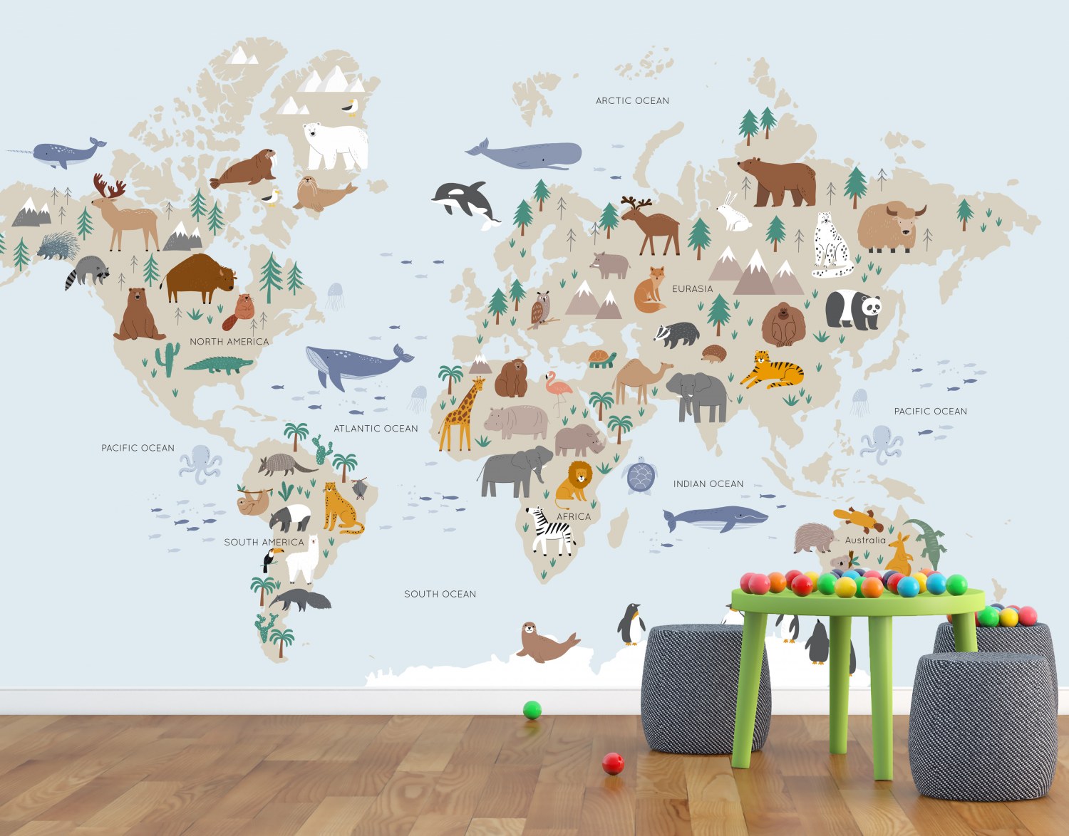 Dětská tapeta Animals world map | Lepidlo zdarma - Fototapety na Vaše přání