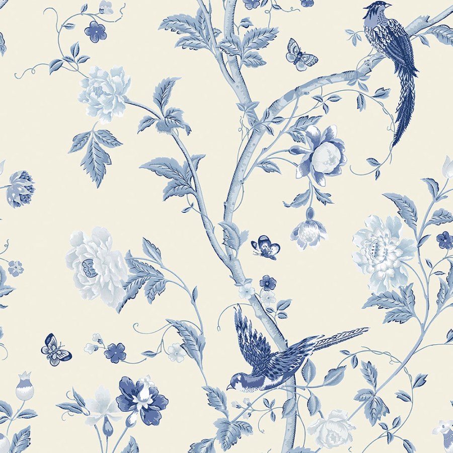Vliesová tapeta na zeď s modrými květinami a ptáčky 113390 | Lepidlo zdarma - Tapety Laura Ashley