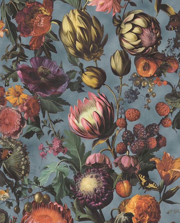 Tapety Yara - Tapety dle materiálu - Vliesové tapety - Vliesová tapeta na zeď, modrá, květiny, plody, motýli, 351232, Magnifique, Eijffinger Vliesová tapeta na zeď, modrá, květiny, plody, motýli, 351232, Magnifique, Eijffinger - Vliesové tapety