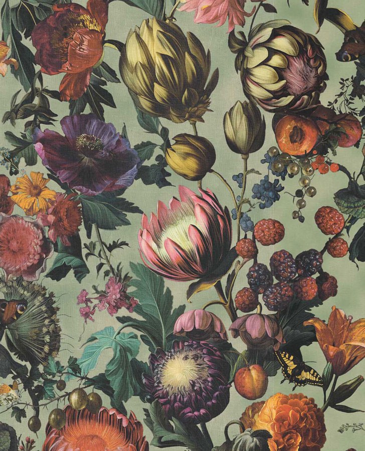 Vliesová tapeta na zeď, zelená, květiny, plody, motýli, 351231, Magnifique, Eijffinger - Vliesové tapety