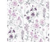 Vliesová tapeta na zeď, šedo-fiaslová, luční květy, 113362, Laura Ashley Signature