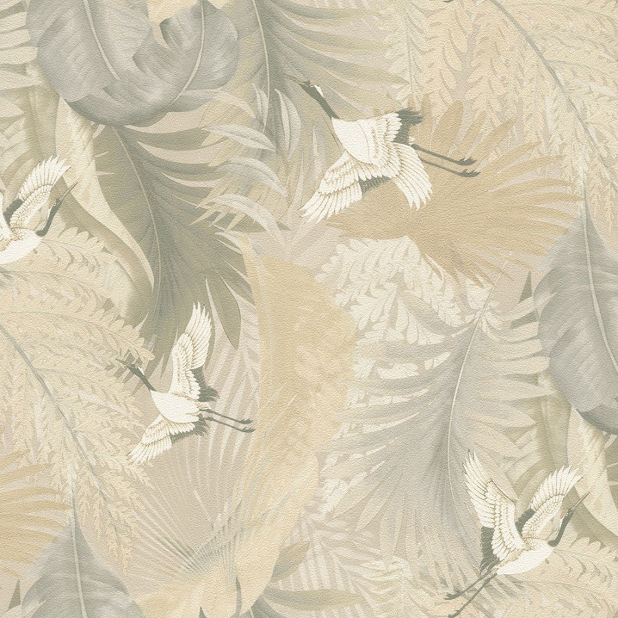 Vliesová tapeta na zeď, béžová, listy, jeřábi v letu, 73825, Tendenze, Emiliana Parati - Vliesové tapety