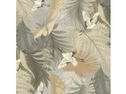 Vliesová tapeta na zeď, šedo-béžová, listy, jeřábi v letu, 73823, Tendenze, Emiliana Parati