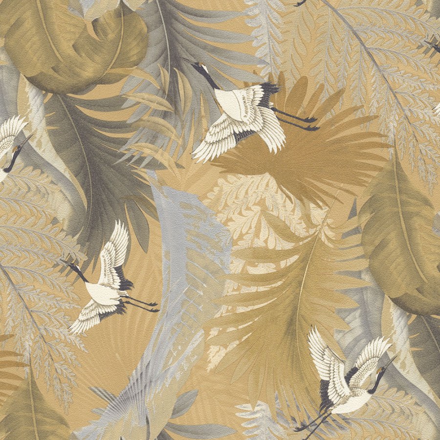 Vliesová tapeta na zeď, zlatá, listy, jeřábi v letu, 73822, Tendenze, Emiliana Parati - Vliesové tapety