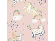 Dětská růžová vliesová tapeta s duhami a jednorožci, 118328, Next