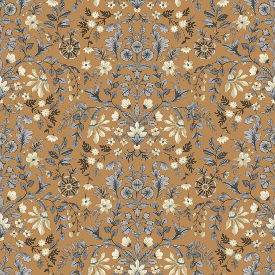 Tmavě okrová vliesová tapeta na zeď s květinovým ornamentálním vzorem, 12327, Fiori Country, Parato - Vliesové tapety