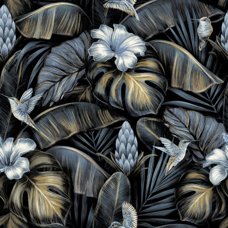 Vliesová tapeta na zeď, modrá, květiny, listy, kolibříci, NHW1003, Perla, Decoprint - Vliesové tapety