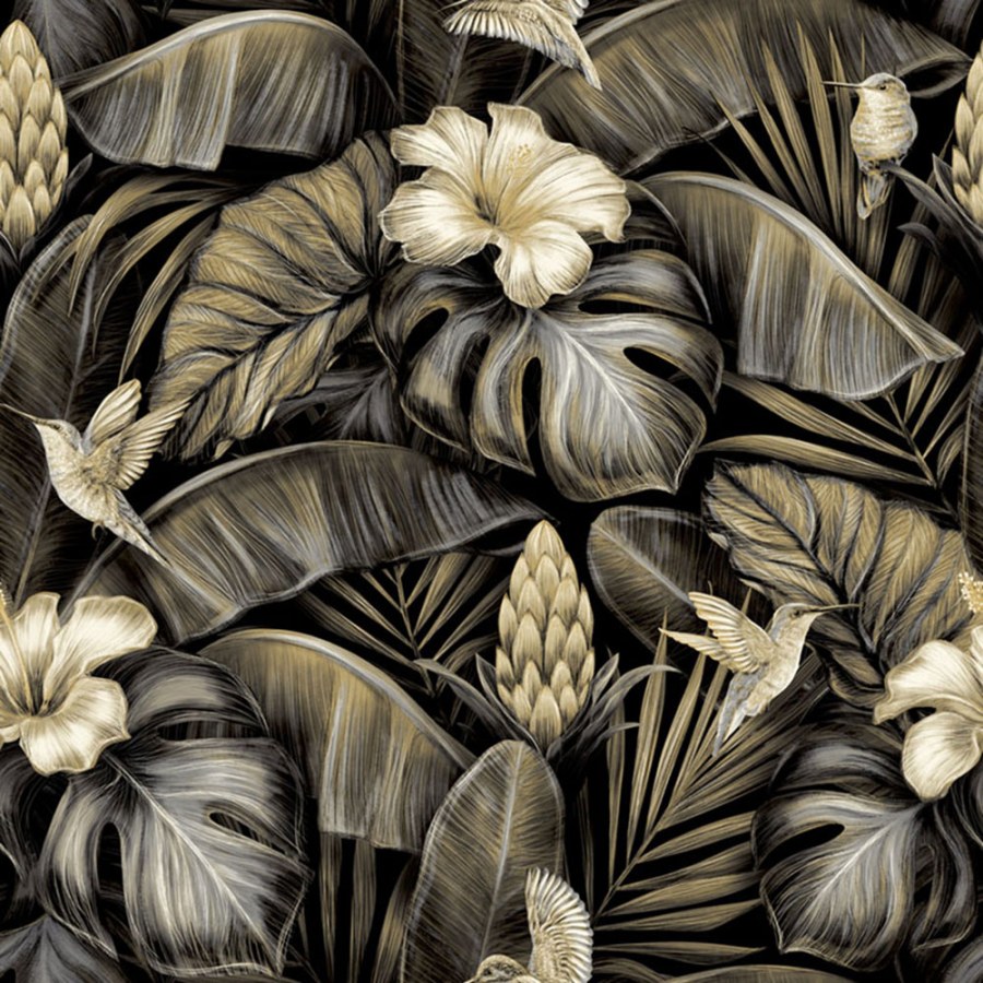 Vliesová tapeta na zeď, béžová, květiny, listy, kolibříci, NHW1002, Perla, Decoprint - Vliesové tapety