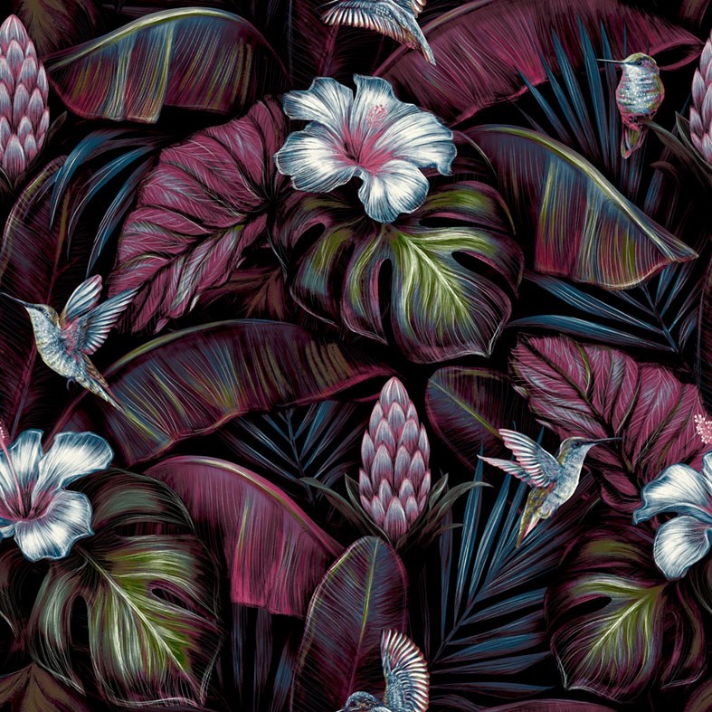 Vliesová tapeta na zeď, růžová, květiny, listy, kolibříci, NHW1001, Perla, Decoprint - Vliesové tapety