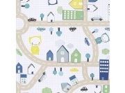 Dětská vliesová tapeta na zeď, auta, silnice, domečky 354021, Tout Petit, Eijffinger