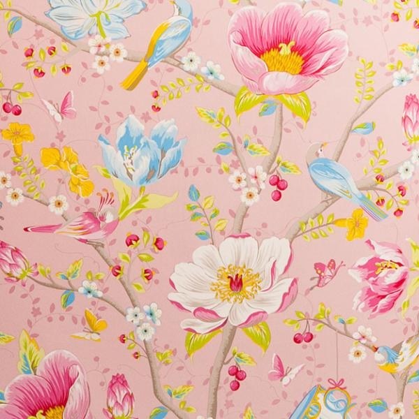 Růžová vliesová tapeta s květinami a ptáčky 341001, Pip, Eijffinger - Tapety na zeď