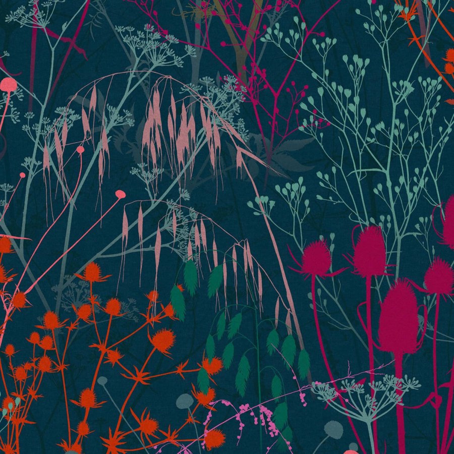 Modrá vliesová tapeta na zeď, trávy, listy, 120395, Wiltshire Meadow, Clarissa Hulse - Vliesové tapety