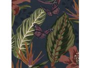 Modrá vliesová tapeta s květinami, listy a motýly, 118608, Envy