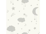 Dětská bílo-šedá vliesová tapeta s mráčky a hvězdičkami, 118332, Next
