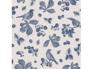 Modro-bílá vliesová tapeta na zeď, ptáci, rostliny, listy, 120868, Joules, Graham&Brown