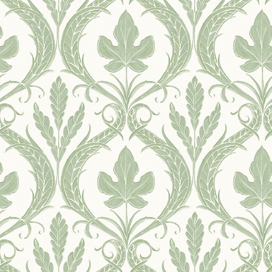Zelenobílá předklížená tapeta, listy, ornamenty DM4921, Damask, York - Papírové tapety