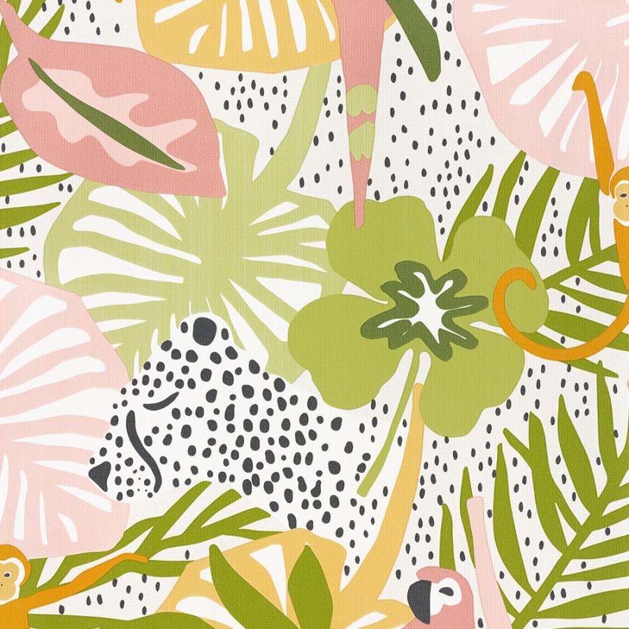 Barevná dětská tapeta s listy, papoušky, opicemi 220721, Doodleedo, BN Walls - Vliesové tapety