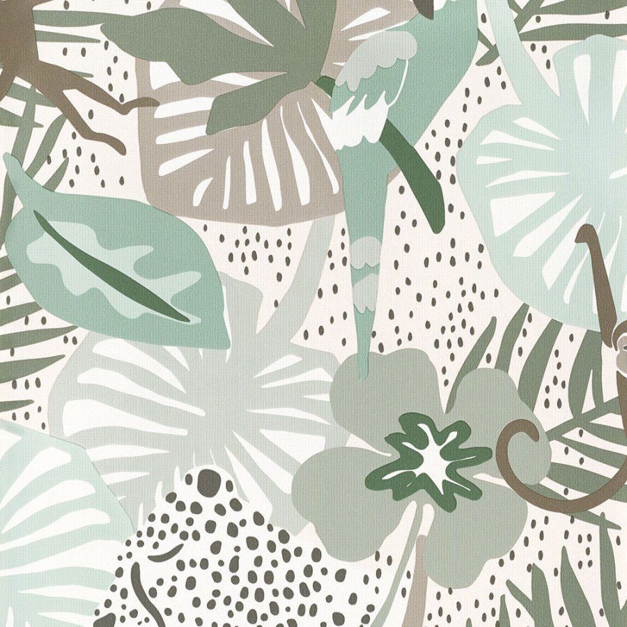 Vliesová dětská tapeta s listy, papoušky, opicemi 220722, Doodleedo, BN Walls - Vliesové tapety