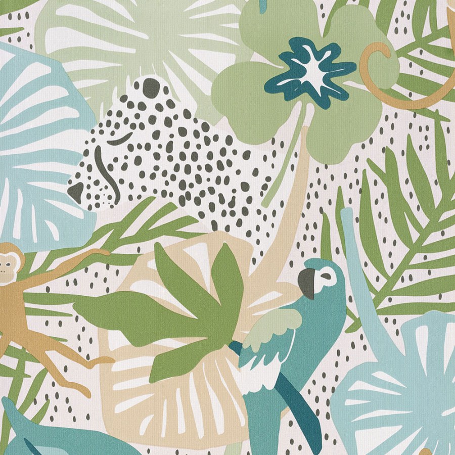 Barevná dětská tapeta s listy, papoušky, opicemi 220723, Doodleedo, BN Walls Barevná dětská tapeta s listy, papoušky, opicemi 220723, Doodleedo, BN Walls