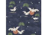 Modrá romantická vliesová tapeta na zeď, ptáci, palmy 6501-1, Batabasta, ICH Wallcoverings