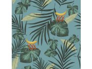 Tyrkysová vliesová tapeta na zeď, listy, opice 6502-1, Batabasta, ICH Wallcoverings