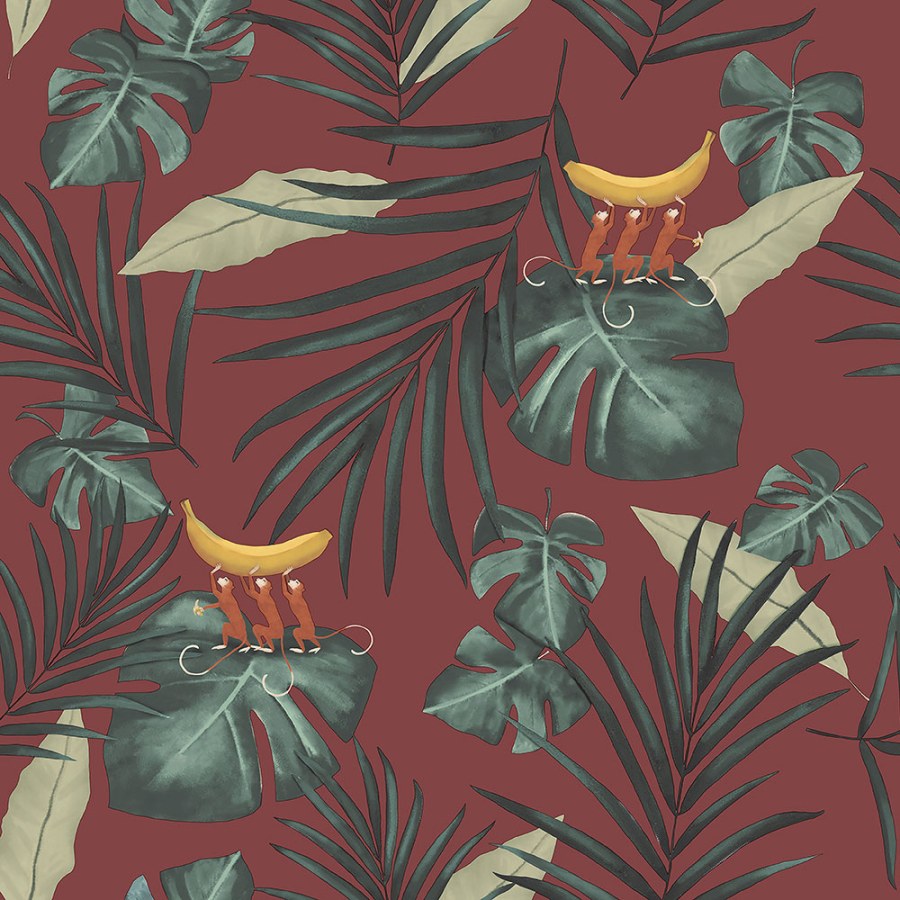 Červená vliesová tapeta na zeď, listy, opice 6502-4, Batabasta, ICH Wallcoverings - Vliesové tapety