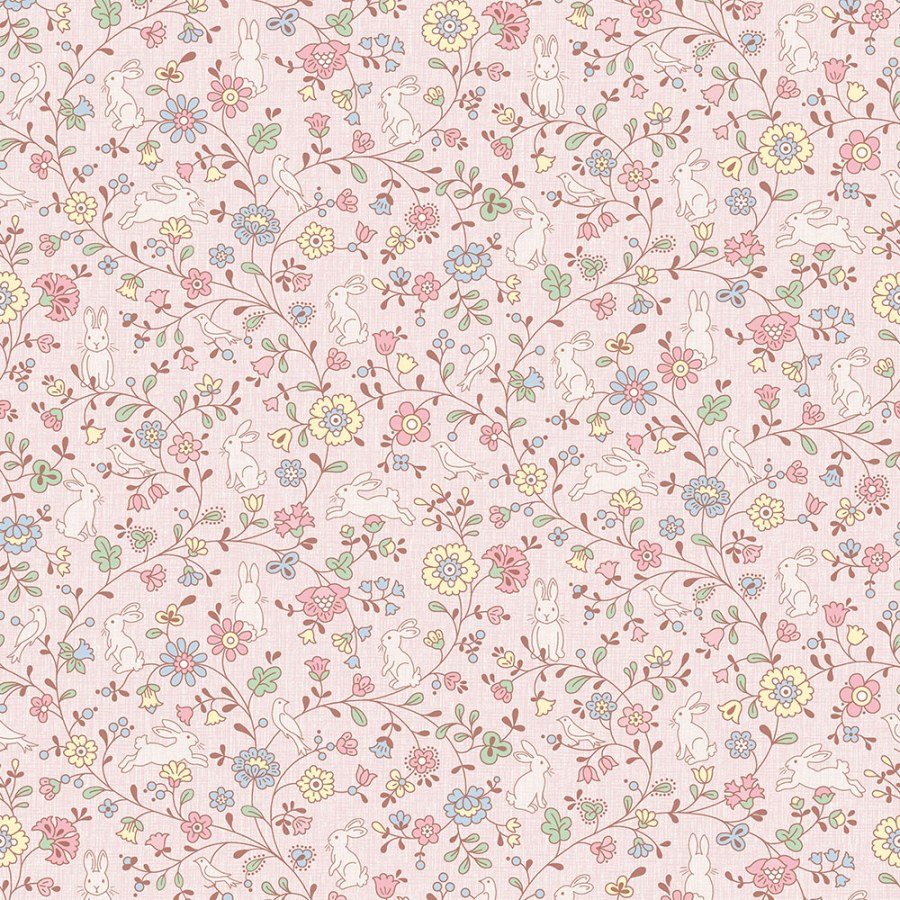 Růžová vliesová dětská tapeta na zeď - kytičky, zajíčci JS3105, Jack´N Rose 2024 , Grandeco - Vliesové tapety