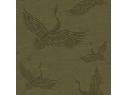Vliesová zelená/khaki tapeta - ptáci, jeřábi - látková textura 347758, Natural Fabrics, Origin