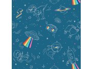 Vliesová modrá dětská tapeta - zvířátka a dinosauři ve Vesmíru - M36801, My Kingdom, Ugépa