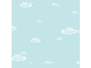 Tyrkysová papírová tapeta na zeď, mráčky, obloha, hvězdičky 458-2, Pippo, ICH Wallcoverings