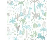 Papírová dětská tapeta se zvířátky, palmami a listy 454-1, Pippo, ICH Wallcoverings