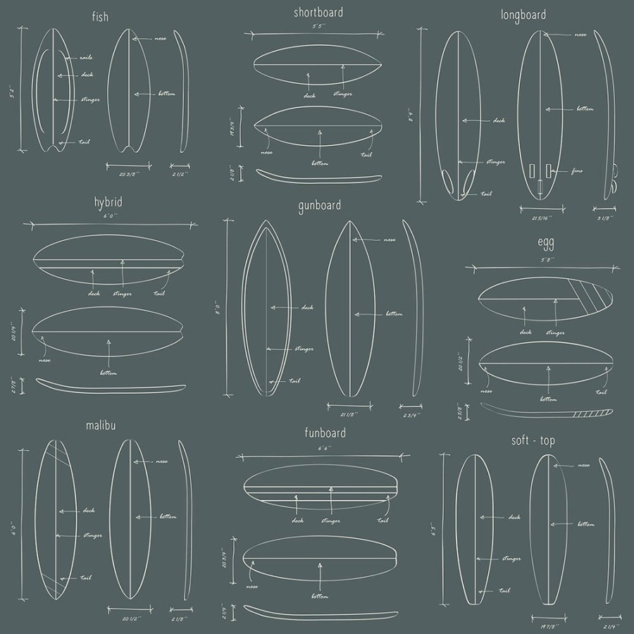 Šedozelená vliesová tapeta s nákresy surfů 128870, Regatta Crew, Esta - Tapety na zeď