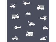 Modro-bílá vliesová tapeta pro kluky Auta, vrtulníky 138916, Little Bandits, Esta