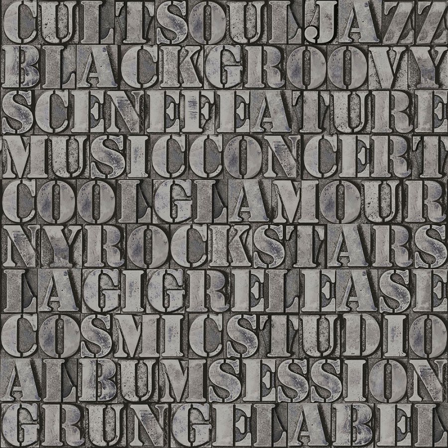 Šedostříbrná metalická vliesová tapeta, imitace kovových desek s nápisy 347591, Matières - Metal, Origin - Vliesové tapety