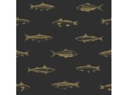 Černá vliesová tapeta se zlatými rybami 139124, Black & White, Esta
