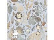 Modrá dětská vliesová tapeta se zvířátky a listy, 14836, Happy, Parato