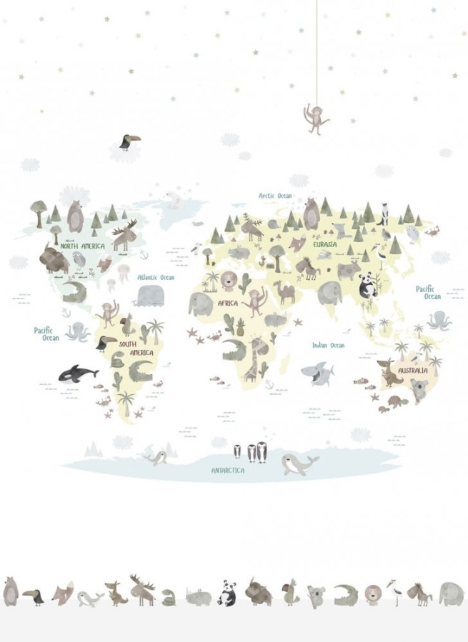 Dětská vliesová obrazová tapeta, mapa se zvířátky, 150-2, 200 x 275 cm, Sambori, ICH Wallcoverings - Vliesové tapety