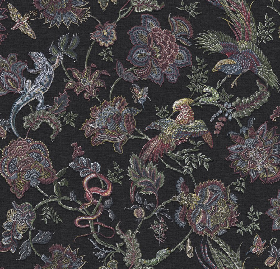 Vliesová tapeta na zeď, černá, květiny, zvířata, 143235, Jaipur, Graham Brown Premium - Graham & Brown Premium