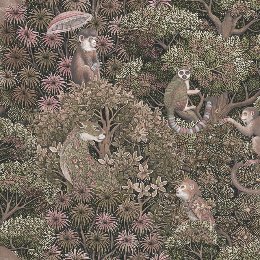 Vliesová tapeta na zeď, růžová, listy, opičky, 142312, Jaipur, Graham Brown Premium - Graham & Brown Premium