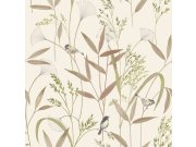 Vliesová tapeta na zeď, hnědo-zelená, luční trávy, ptáčci, A83502, Inia, Grandeco