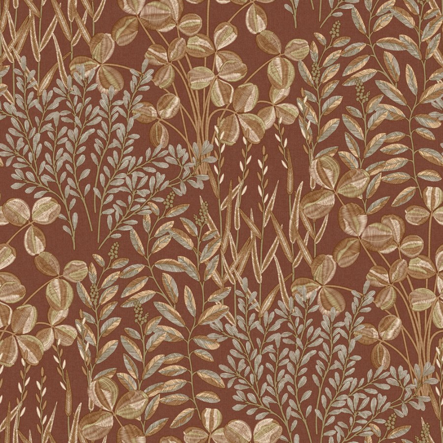 Vliesová tapeta na zeď, hnědo-červená, listy a trávy, A78902, Inia, Grandeco - Grandeco