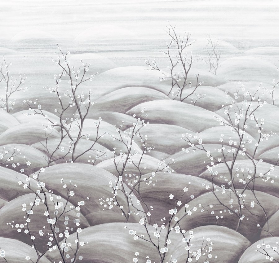 Vliesová obrazová tapeta na zeď, šedá, bílá, větvičky kvetoucí sakury, DGTRA5033-260, Traces, Masureel - Masureel