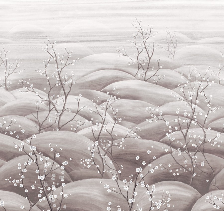 Vliesová obrazová tapeta na zeď, šedá, bílá, větvičky kvetoucí sakury, DGTRA5031-260, Traces, Masureel - Masureel