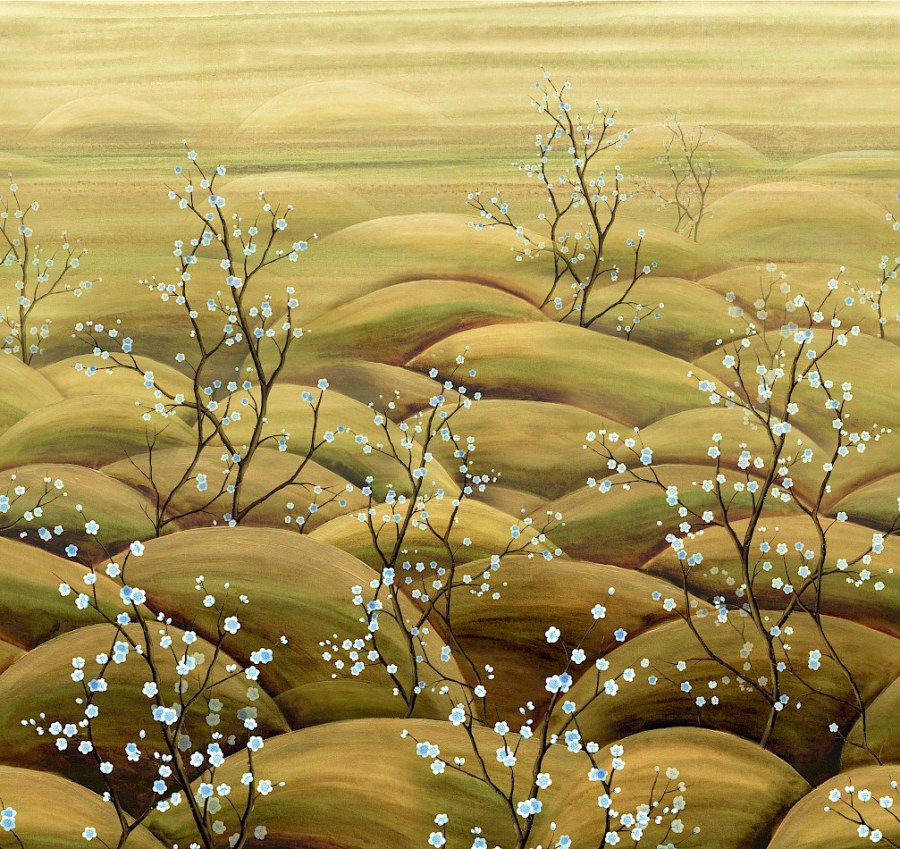 Vliesová obrazová tapeta na zeď, modrá, béžová, větvičky kvetoucí sakury, DGTRA5023-300, Traces, Masureel - Masureel