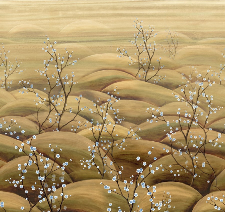 Vliesová obrazová tapeta na zeď, modrá, béžová, větvičky kvetoucí sakury, DGTRA5023-260, Traces, Masureel