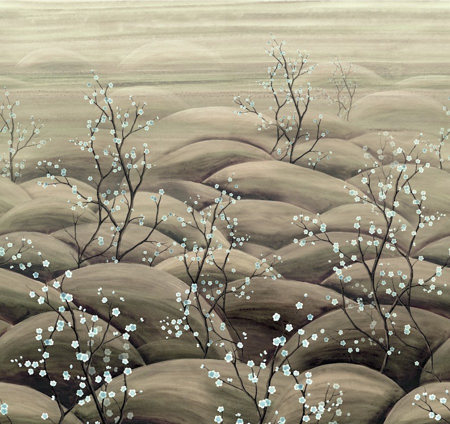 Vliesová obrazová tapeta na zeď, béžová, šedá, větvičky kvetoucí sakury, DGTRA5013-260, Traces, Masureel - Masureel