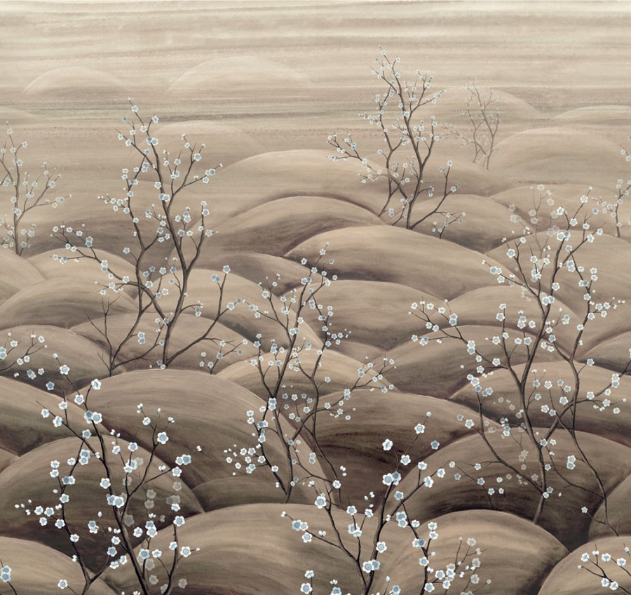 Vliesová obrazová tapeta na zeď, béžová, šedá, větvičky kvetoucí sakury, DGTRA5011-260, Traces, Masureel - Masureel