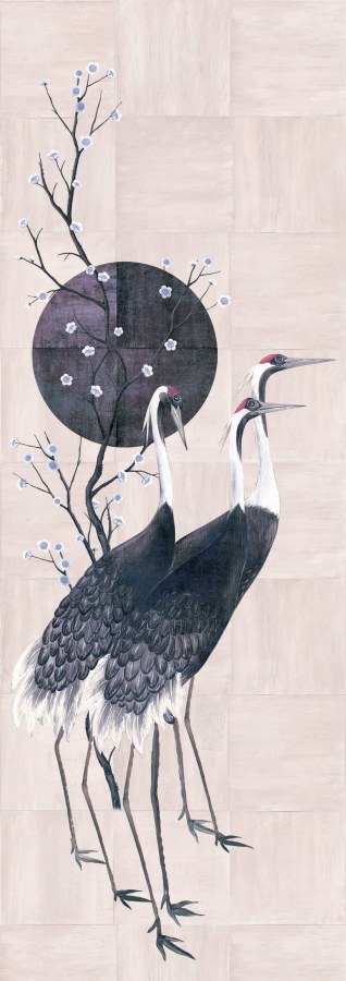 Vliesová obrazová tapeta na zeď, růžová, šedá, stojící jeřábi, DGTRA7041-260, Traces, Masureel - Masureel