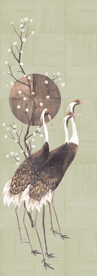 Vliesová obrazová tapeta na zeď, šedá, zelená, stojící jeřábi, DGTRA7021-260, Traces, Masureel - Masureel